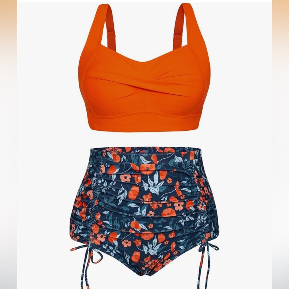 Hanna Nikole Plus Size Swimsuit Set Twist Front Bikini Drawstring Ruched Bottom - Picture 13 of 14